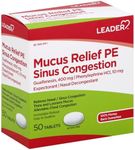 Leader Mucus Relief PE Sinus Congestion, Expectorant; Nasal Decongestant, Thins and Loosens Mucus, Immediate-Release, Alleviates Chest Congestion, 50 Tablets