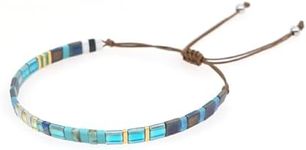 Sonateomber Flat Tila Beaded Adjustable Braided Friendship Stand Bracelets for Women Girls Handmade Boho Blue Gold Square Beads Stackable Brown String Rope Bracelet Friend Holiday Jewelry Gift