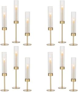 Hewory Gold Hurricane Candle Holders: 12 PCS Brass Tall Candlestick Taper Candle Holders Bulk for Candlesticks Candle Sticks Holder Decor for Table Centerpiece Wedding Party Christmas Decorations