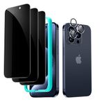 ESR for iPhone 15 Pro Privacy Screen Protector Set, Anti-spy Tempered Glass Privacy Screen Protector, Micro-curved Edges, Case Friendly, 3-Pack with 1 Set of Individual Camera Lens Protectors