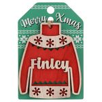 Finley Name Christmas Jumper Wooden Tree Decoration Personalised Bauble Xmas Red