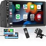 Double Din Car Stereo with Apple Carplay Android Auto, 7'' Touchscreen Car Radio with Bluetooth FM Radio Support TF/USB/Steering Wheel Controls Mirror Link + Backup Camera, External Microphone