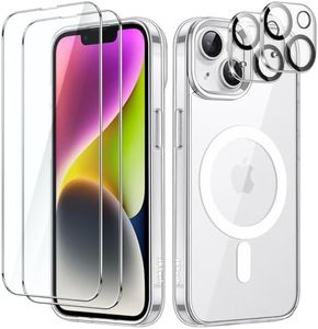 JETech 5 in 1 Magnetic Case for iPhone 14 Plus 6.7-Inch with 2-Pack Tempered Glass Screen Protector and Camera Lens Protector, Compatible with MagSafe, Shockproof Bumper Phone Cover (Clear)