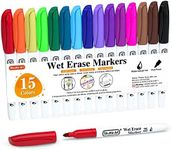 Shuttle Art Wet Erase Markers, 15 Colors 1mm Fine Tip Smudge-Free Markers, Use on Laminated Calendars,Overhead Projectors,Schedules,Whiteboards,Transparencies,Glass,Wipe with Water