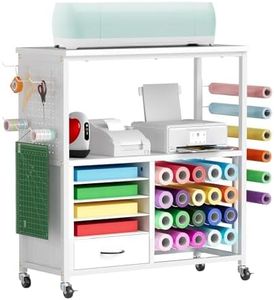 Craft Storage Cart with Drawer and Vinyl Roll Holder,Compatible with Craft Cutting Machines,Versatile Rolling Craft Table for Cricut Craft Room,White