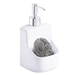 10oz Ceramic Dish Soap Dispenser with Sponge Holder for Kitchen Sink, Hand Soap Pump Bottle and Storage 2-in-1 for Bathroom Countertop (White)