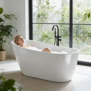 67" Free Standing Tub, Acrylic Freestanding Bathtub, Modern Soaking Tub with Integrated Overflow and Drain, White Bathroom Fixture, Stand Alone Bathtub, CUPC Certified, MB