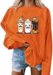 AMXYFBK Halloween Sweatshirts for Women Oversized,Halloween Sweatshirts for Women Cute Pumpkin Drinks Graphic Sweatshirts Spooky Season Long Sleeve Shirts Trendy Sweatshirts