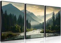 3Pcs Nature Landscape Wall Art Misty Forest Prints Mountain Pictures Dark Green Plant Posters Botanical River Canvas Painting Home Wall Decor for Living Room Bedroom Bathroom 12x16in Unframed