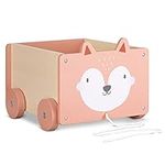 Navaris Kids Toy Box - Fox Wooden Chest for Childrens, Boys, Girls Toys with Wheels - Unisex Children Toys Games Bedroom Storage Trunk - Brown