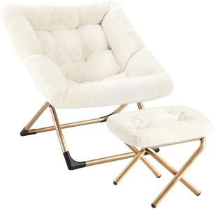 Youtanic Comfy Oversized Saucer Chair with Ottoman,Soft Faux Fur Reading Lounge Chair for Adults,Stable X-Large Metal Frame and Non-Slip Pad,Cozy Chair for Bedroom, Living Room, Dorm, Office, Beige