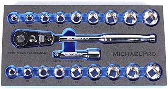 MichaelPro MP001001 3/8 inch Drive Socket Wrench Set, 20-piece, 12-Point Socket in SAE & Metric Size-With Reversible and Flexible Low Profile Ratchet Wrench Handle, Extension Bar and EVA Tray , Red