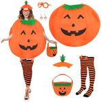 Yotako 6 Pcs Pumpkin Costume for Adult, Womens Pumpkin Halloween Costume, Pumpkin Outfit with Candy Bag Hat Stockings Earrings Pumpkin Glasses Girls Ladies Female Fancy Dress for Halloween Cosplay