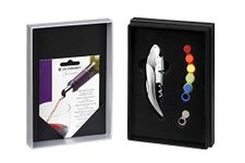 Le Creuset Wine Accessories Gift Set incl. 2-Step Corkscrew, 5 Washable Drip-Free Spouts and 6 Silicone Glass Markers, GS-142 Model, Shiny Grey with Purple LC Pack, 59212024707061