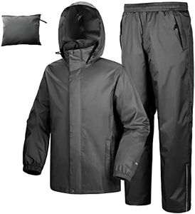 33,000ft Men's Waterproof Rainsuit Hooded Rain Jacket Rain Trousers Packable Raincoat Sets Windproof Two Piece Rain Suit with Safety Reflectors for Fishing Hiking， Grey L