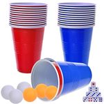 Faburo Red Party Cups Set, 30 Red Blue Plastic Cups Reusable Plastic Party Cups with 6 Ping Pong Balls, 10 Dice for American Party Games