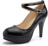 Women's Platform High Heels Closed Toe Pumps Strappy Cross Ankle Strap Shoes, Matte Black, 8