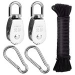 Feibmir M25 Pulley Block,304 Stainless Steel Single Wheel,Wire Towing Wheel,Carabiner Snap Hook Clips,Nylon Line Rope(150kg)