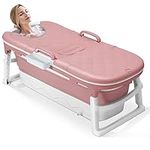 Dripex Portable Bathtub Adult, Folding Bathtub 138X62X52cm Large Thicken Free Standing Soaking Barrel, Foldable Massage Sweat Steam Bath Tub with Lid, Bathroom Warm Spa Sauna for Adults Children, Pink