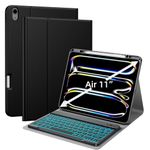 JUQITECH iPad Air 11 Inch Case with Keyboard M2 2024, iPad Air 11 2024 Keyboard Case, 7 Colors Backlit Bluetooth Removable Magnetic Keyboard Soft Protective Case with Apple Pencil Pro Holder, Black