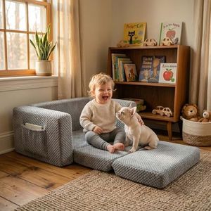 TinyPalsa Foldable Toddler Couch with Soft Sherpa Cover, 2-in-1 Comfy Toddler Sofa & Lounger for 1-3 Years Old Girls Boys, Kids Chair with Pockets & Handle for Reading, Playroom (Grey)