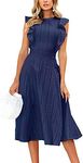 ECOWISH Women's Summer Dresses 2025 Elegant Lady Wedding Guest Cocktail Ruffle Cap Sleeves A-Line Office Midi Dress Navy Small
