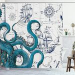 GOOESING Cool Octopus Shower Curtain Anime Nautical Shower Curtain Teal Kraken Shower Curtain Sailboat Pirate Shower Curtain Polyester Waterproof Shower Curtain 72x72 Inch…