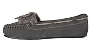 Clarks Womens Folded Tongue Suede Leather Moccasin Slipper ICH30746C - Plush Faux Fur Lining - Indoor Outdoor House Slippers For Women, Dk. Grey, 8