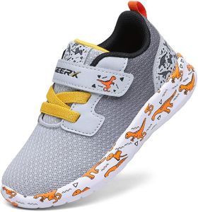 GEERX DIMO Dinosaur Toddler Boys Shoes Non Slip Lightweight Breathable Comfortable Sport Athletic Running Tennis Sneakers, Grey/Orange, 5 Toddler