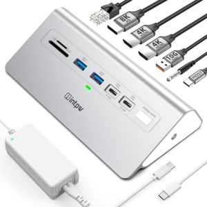 USB C Docking Station 3 Monitor, intpw 13 in 1 Dock with Dual 4K60Hz HDMI, 8K DP, 10Gbps USB A/C, 45W PD, Gigabit Ethernet, SD/TF,Audio,Microphone, 65W Power Adapter + 3.9FT Cable, USB Hub for Laptop