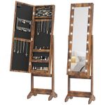 HOMCOM Lighted Mirrored Jewelry Cabinet Floor Free Standing Armoire Organizer Storage Necklaces Bracelets Rings Earrings Angle Adjustable w/16 LED Lights Rustic Brown