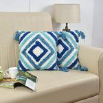 Furnistitchs Premium Decorative Throw Cushion Pillow Cover Boho Home Decor - Living Room Bedroom Couch Sofa Cushion Covers 16 inch x 16 inch (Blue Squares, 2)