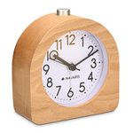 Navaris Wood Analog Alarm Clock - Half-Round Battery-Operated Non-Ticking Clock with Snooze Button and Light - Light Brown