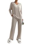 SotRong Womens Lounge Wear Sets Ladies Leisure Suits Two Piece Outfit Tracksuit Set Long Sleeves V Neck Baggy Pullover Tops Wide Leg Long Pants Apricot S