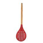 Spatlus Woodtula Silicone Skimmer Spoon, Wooden Handle Seamless Nonstick BPA-Free & Heat Resistant up to 445°F, Kitchen Strainer Spoon Pasta Spaghetti Noodles and Frying 32 cm Red