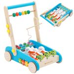 Baby Walker Wooden Foldable Sit-to-Stand Learning Baby Push Walker Kids Activity Center Toddler Push Along Trolley with Fishing Toy Gear for Boys Girls Infants