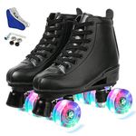 KALINU Women's Roller Skates PU Leather High-top Roller Skates Four-Wheel Roller Skates Shiny Roller Skates (Black flash round shoe bag,37)