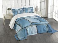 ABAKUHAUS Blue Bedspread Set, Denim Patchwork Pattern, Decorative Quilted 2 Piece Coverlet Set with Pillow Sham, Blue