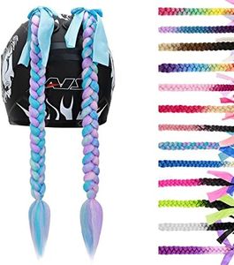 SEGO 2 Pcs Helmet Pigtail Braids with Detachable Suction Cup with Bowknot Ponytails Hair for Women/Men 20 Inch 2 PCS/Pack (Helmet not Included)-Mixed Sky Blue/Pink/Purple