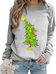 Ladicme Christmas Sweatshirts for Women Christmas Tree Graphic Merry Sweatshirt Cute Xmas Holiday Long Sleeve Pullover Blouse Grey