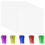 Cinvo 120 Pcs Clear Cellophane Sheets with Colorful Twist Ties Cello Wraps Plastic Transparency Sheet for DIY Arts and Crafts Projects and Treats Candy Wrapping(Clear, 7.5 x 7.5 Inch)