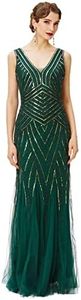 BABEYOND Women's Flapper Dress 1920s V-Neck Evening Gown Sequin Beaded Maxi Dress for Wedding, Green Gold, Large