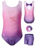 Gymnastics Leotard for Girls Sparkly Dance Unitards with Shorts One Piece Sleeveless Biketard Athletic Outfit for Kids, Purple 3-4 Years