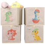 Navaris Toy Storage Boxes - Kids Bedroom Cube Baskets w/Pull-Out Loop - Fabric Collapsible Box Drawers Unit for Shelves - Compatible with Ikea Kallax Inserts - Set of 4 Dinosaurs