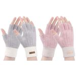 Winter Fingerless Gloves - Warm Knit Half Fingers Mittens Thermal Fingerless Gloves for Women Outdoor Running Working (Pink+Grey)