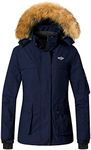 Wantdo Women's Windproof Ski Jacket Fleece Coat with Fur Hood Dark Blue1,S