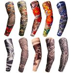 10pcs Temporary Fake Tattoo Sleeves for Men Women UV Sun Arm Protective Sleeve for Running Cycling, Colorful Designs