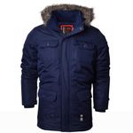 Crosshatch Mens Heavy Weight Fur Hood 'Parked' Parka Padded Waterproof Winter Coat Jacket- X Large - Navy Blue