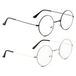 YICHENGTIANXIA Metal Frame Round Glasses Vintage Metal Clear Lens Glasses, Unisex, Black, Silver, (2 Pairs)