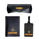 The Junket Personalised Gift Hamper for Couple with PU Leather Customize Passport Cover, Luggage Tag & Eyewear Case | Valentine Gift Combo for Wife and Husband with Personalized Name & Charms (Black)